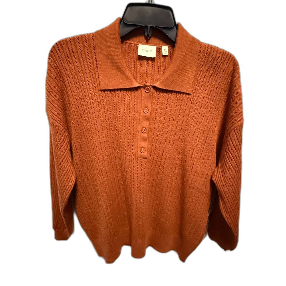 Cyrus Women’s Medium Rust Pointelle Knit Polo Sweater Long Sleeve Preppy